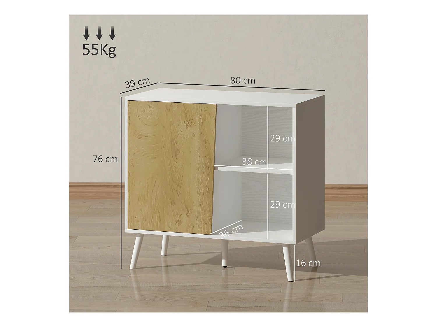Credenza moderna con armadietto e vano portaoggetti in legno bianco