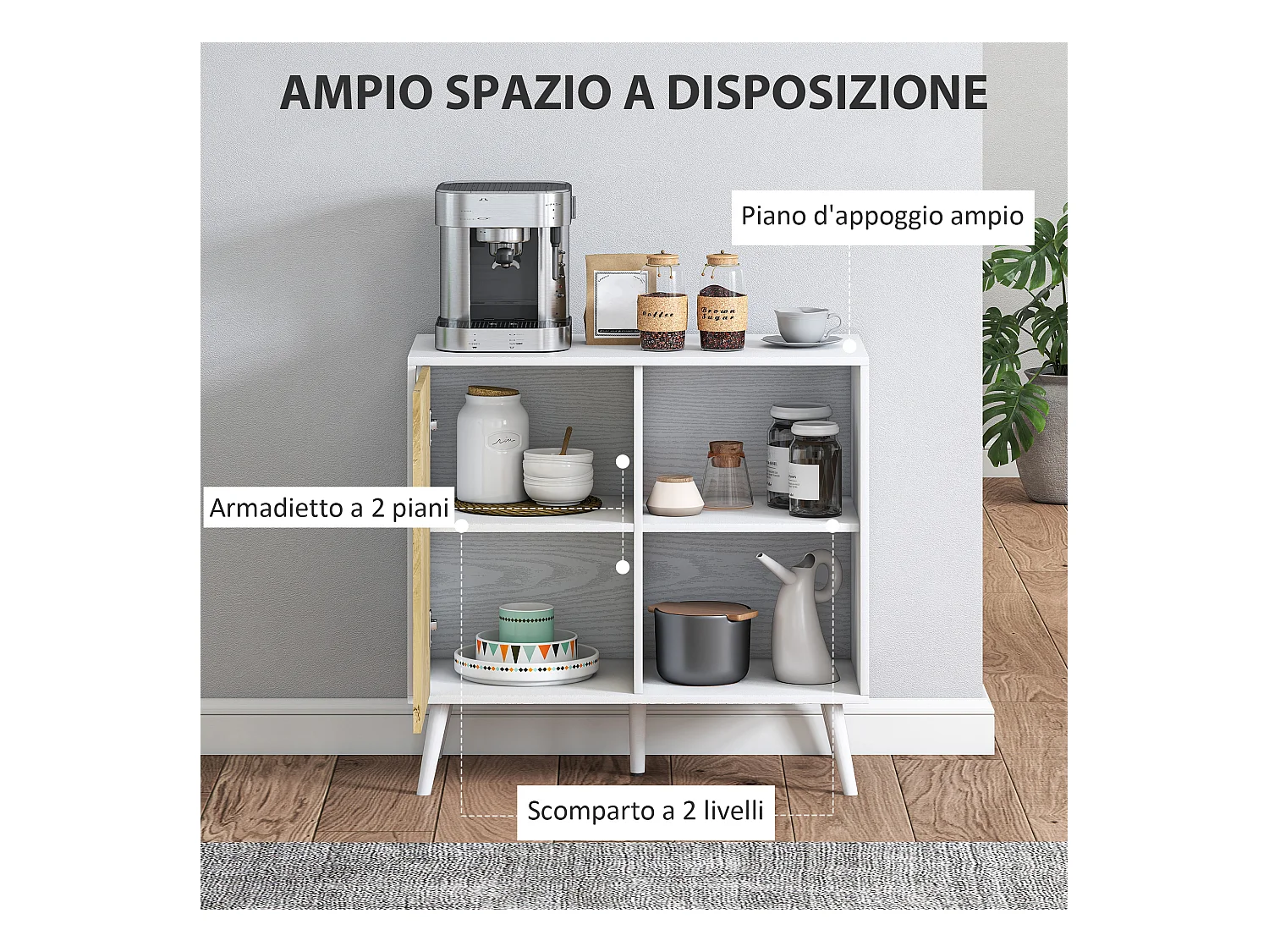 Credenza moderna con armadietto e vano portaoggetti in legno bianco