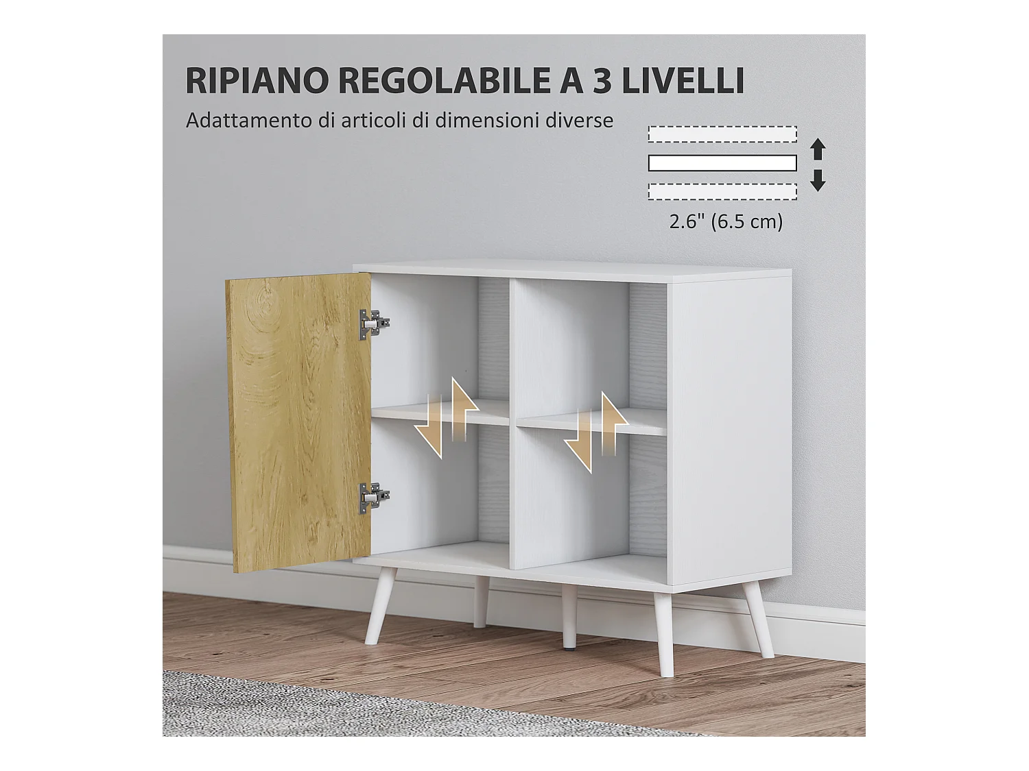 Credenza moderna con armadietto e vano portaoggetti in legno bianco