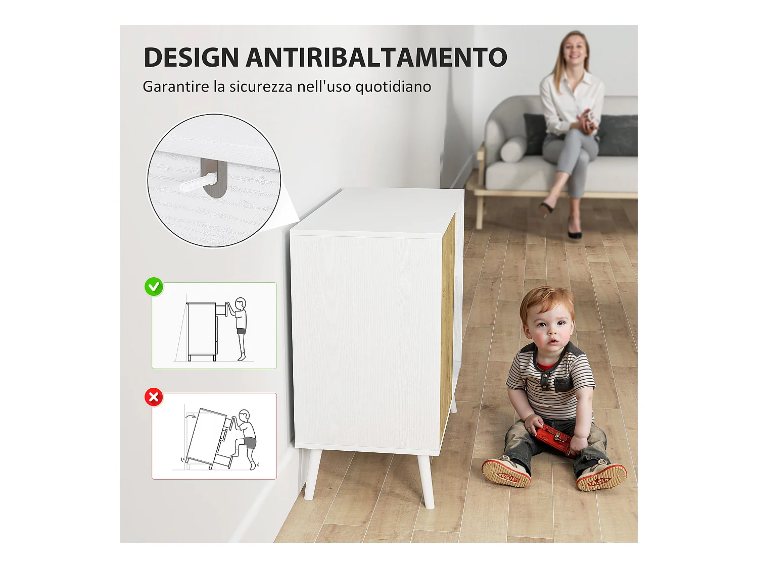 Credenza moderna con armadietto e vano portaoggetti in legno bianco