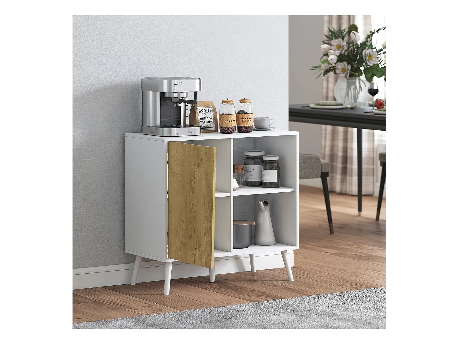 Credenza moderna con armadietto e vano portaoggetti in legno bianco