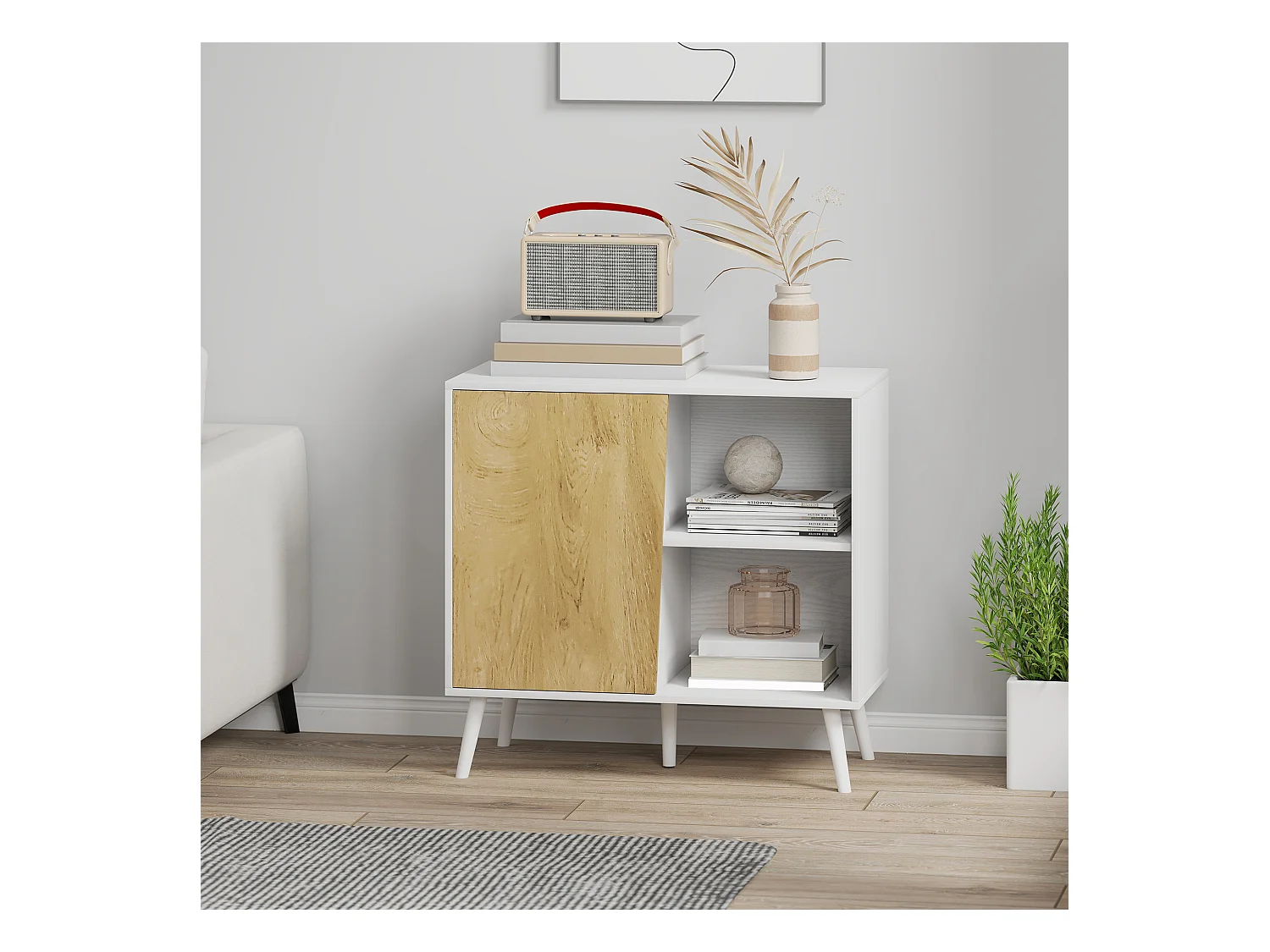 Credenza moderna con armadietto e vano portaoggetti in legno bianco