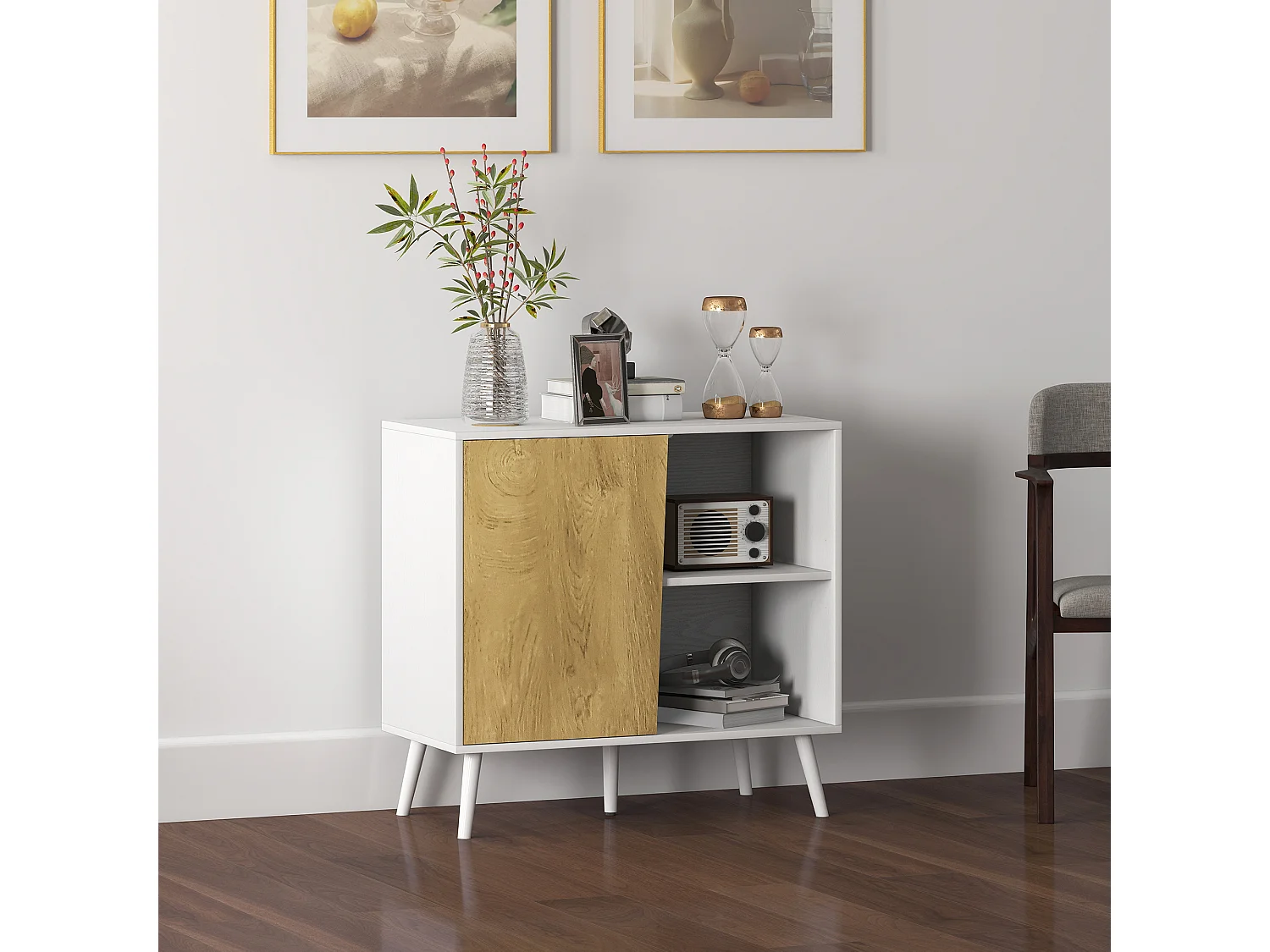 Credenza moderna con armadietto e vano portaoggetti in legno bianco