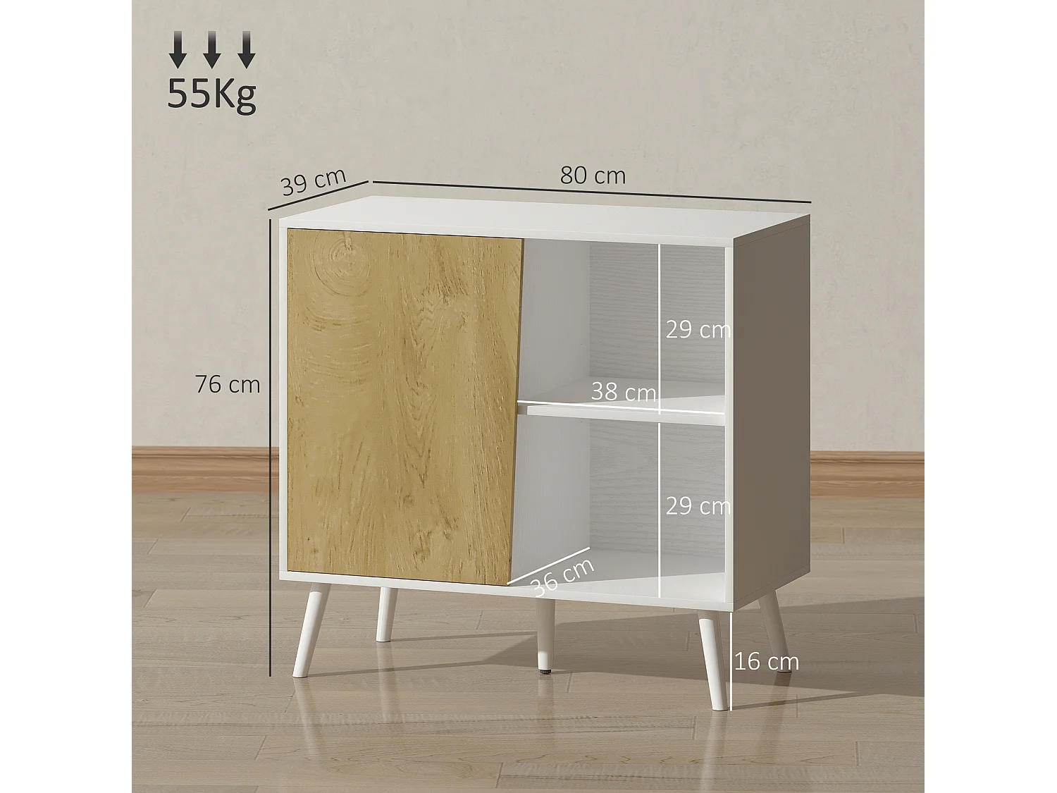 Credenza moderna con armadietto e vano portaoggetti in legno bianco