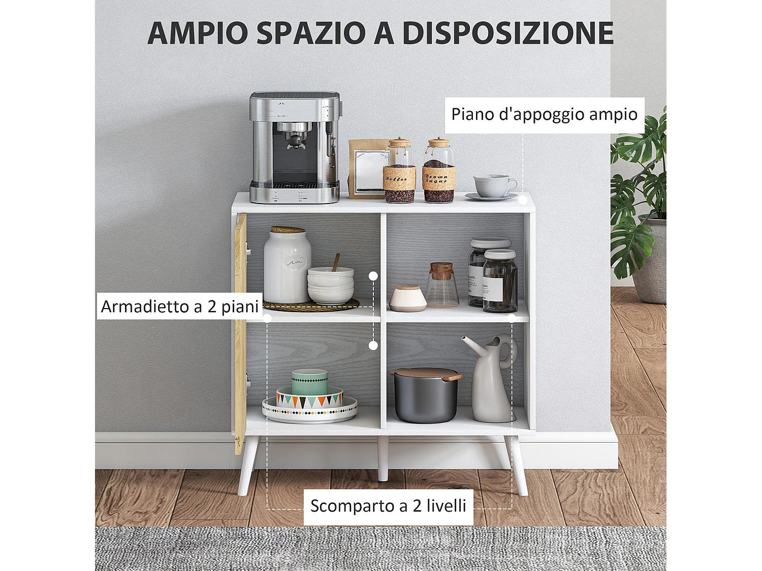 Credenza moderna con armadietto e vano portaoggetti in legno bianco