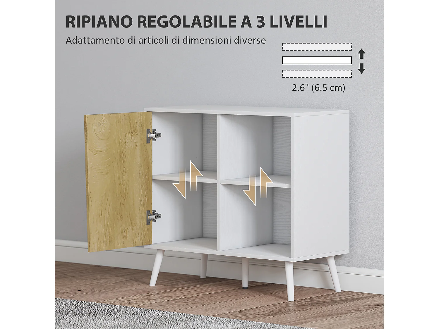 Credenza moderna con armadietto e vano portaoggetti in legno bianco