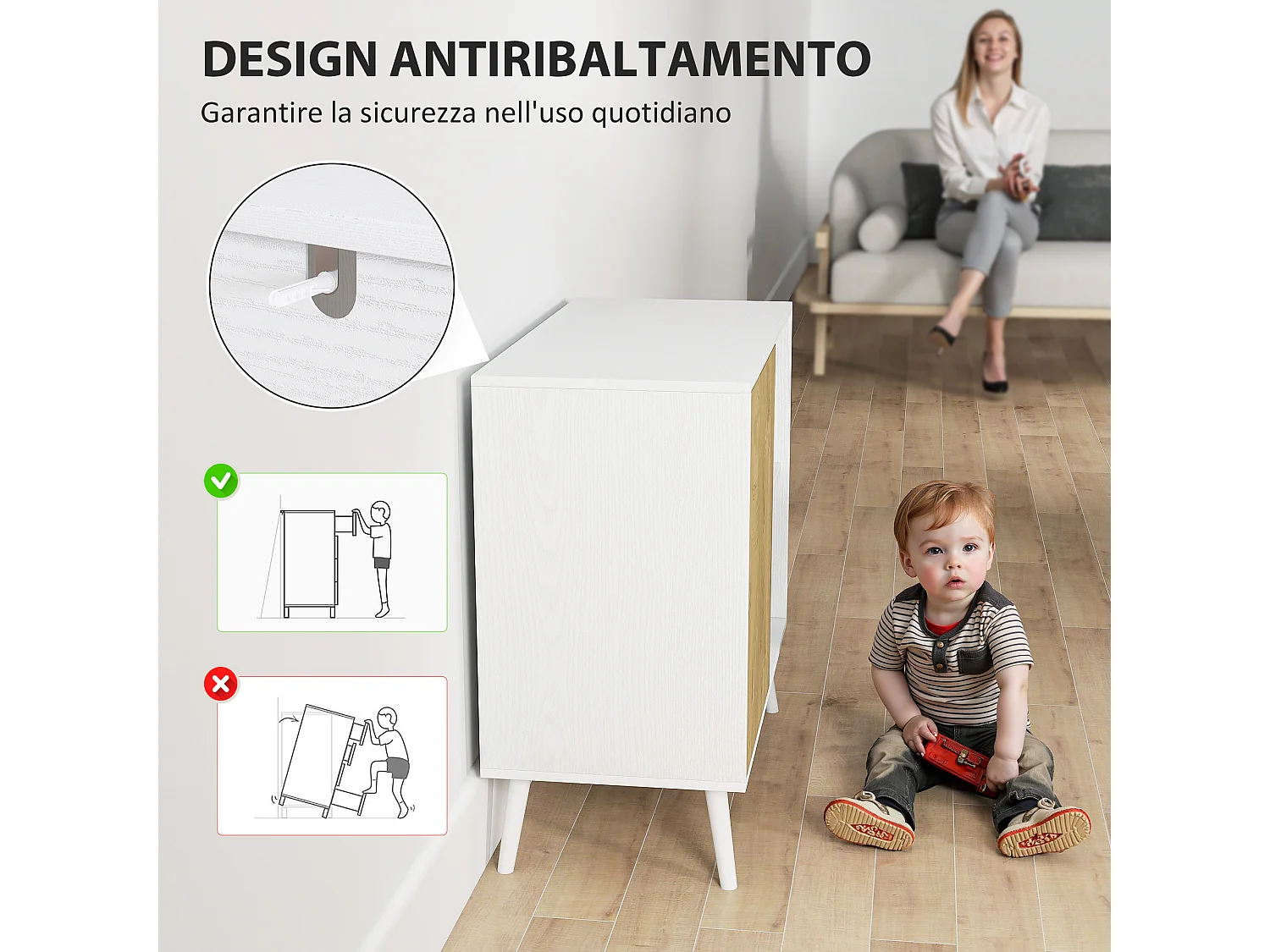 Credenza moderna con armadietto e vano portaoggetti in legno bianco
