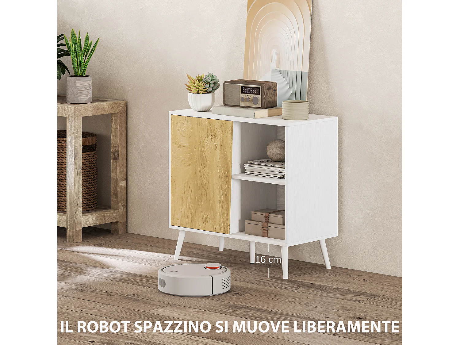 Credenza moderna con armadietto e vano portaoggetti in legno bianco