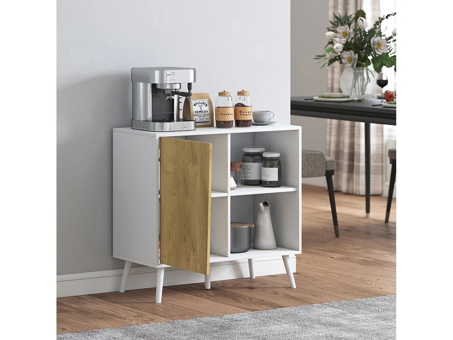 Credenza moderna con armadietto e vano portaoggetti in legno bianco
