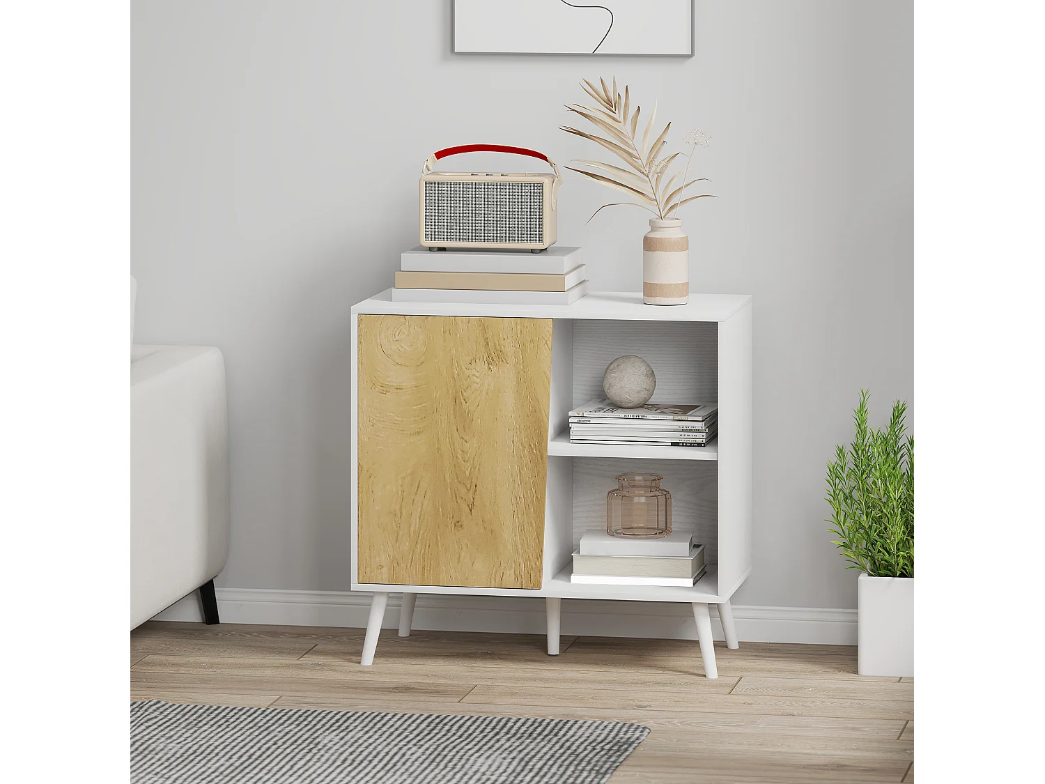 Credenza moderna con armadietto e vano portaoggetti in legno bianco