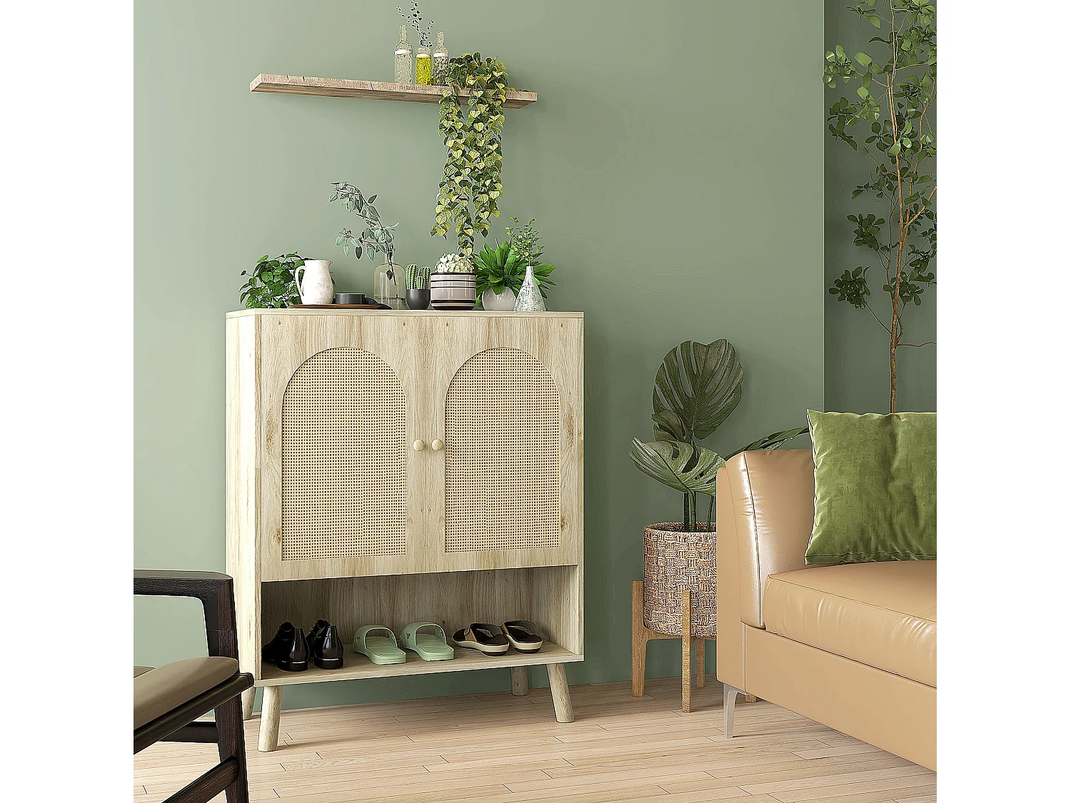 Mobile multiuso stile boho con ante in rattan e legno colore rovere