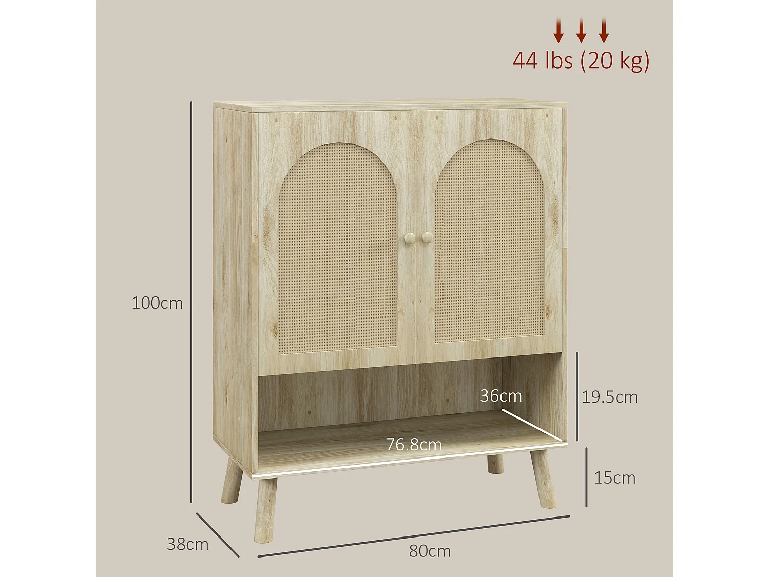 Mobile multiuso stile boho con ante in rattan e legno colore rovere