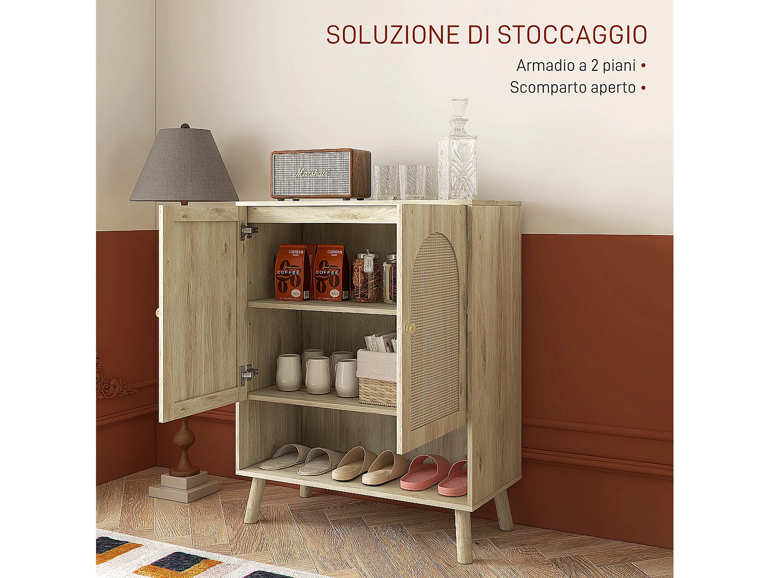 Mobile multiuso stile boho con ante in rattan e legno colore rovere