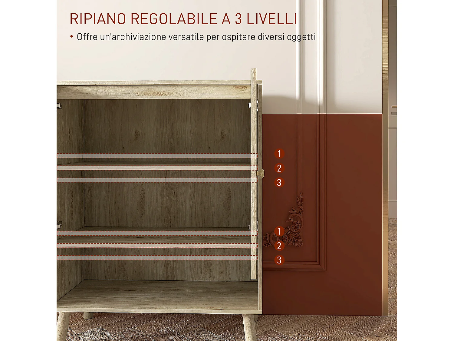 Mobile multiuso stile boho con ante in rattan e legno colore rovere