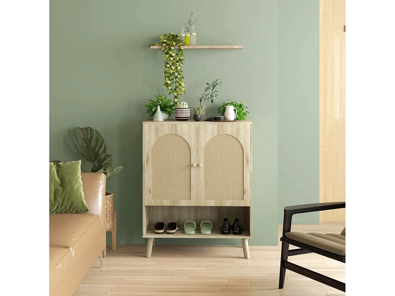 Mobile multiuso stile boho con ante in rattan e legno colore rovere