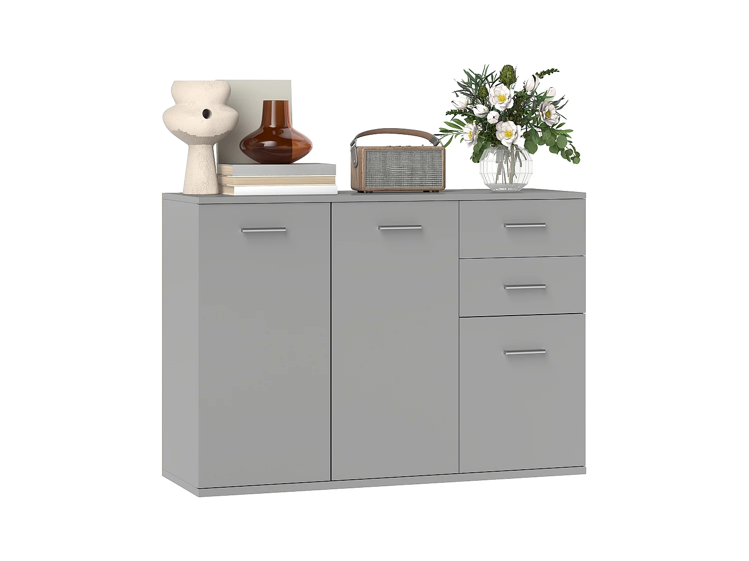Credenza moderna con 3 armadietti e 2 cassetti in legno grigio chiaro