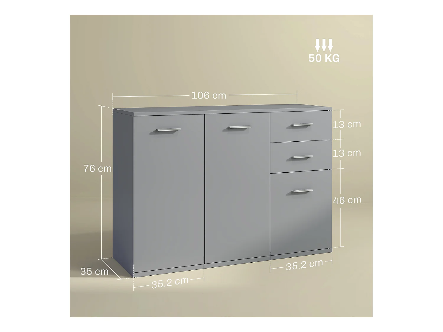 Credenza moderna con 3 armadietti e 2 cassetti in legno grigio chiaro