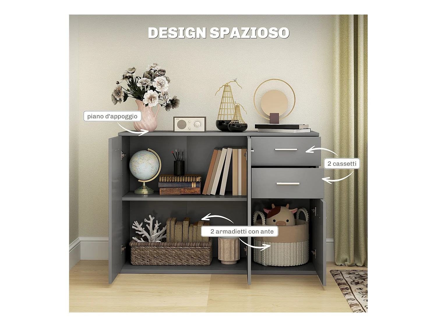 Credenza moderna con 3 armadietti e 2 cassetti in legno grigio chiaro