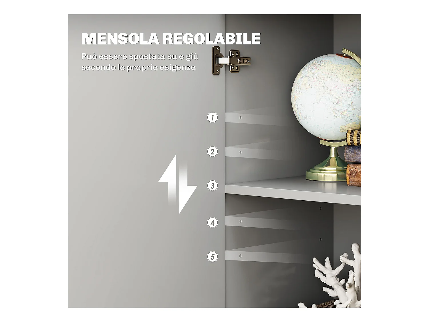 Credenza moderna con 3 armadietti e 2 cassetti in legno grigio chiaro