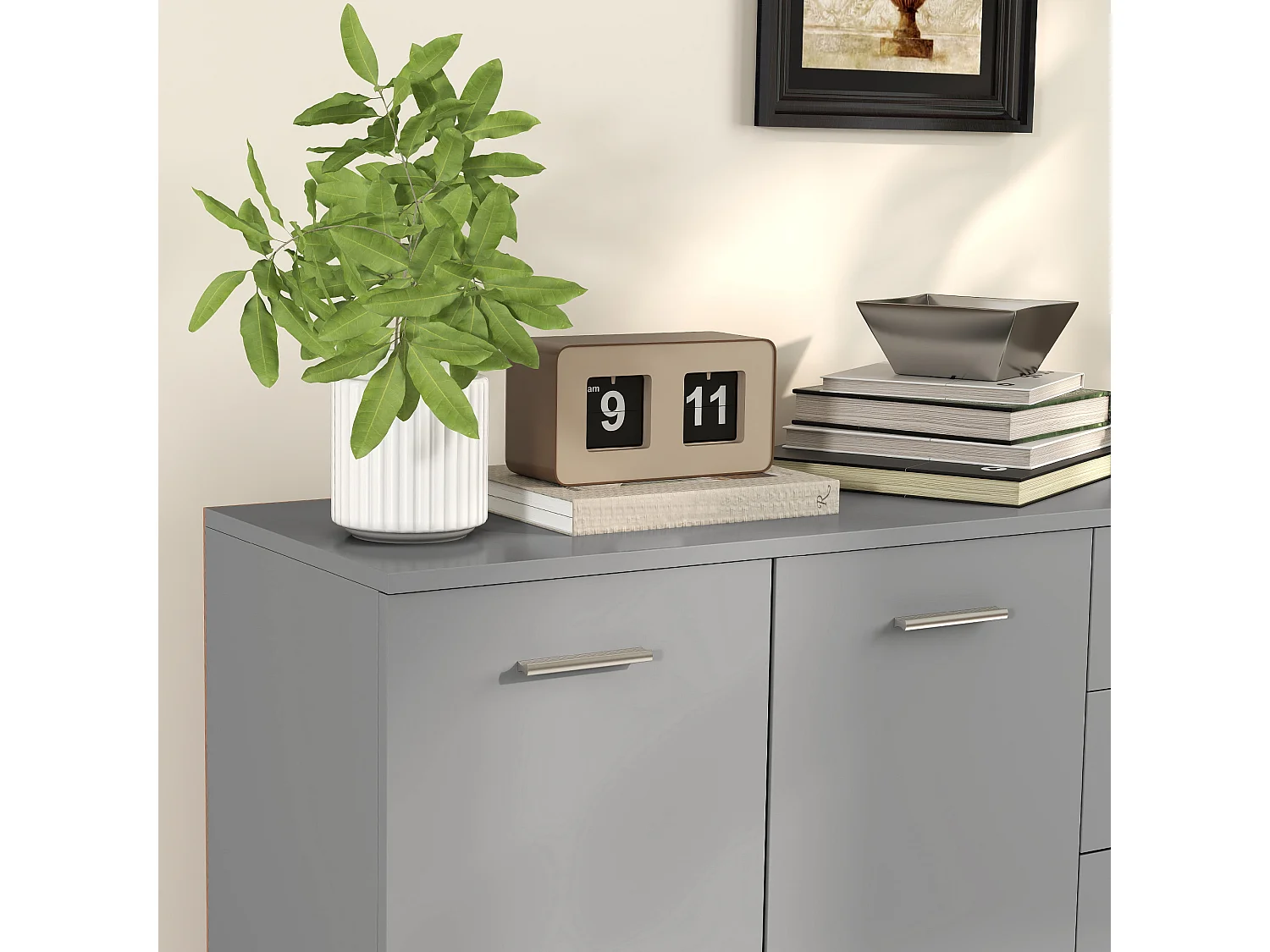 Credenza moderna con 3 armadietti e 2 cassetti in legno grigio chiaro