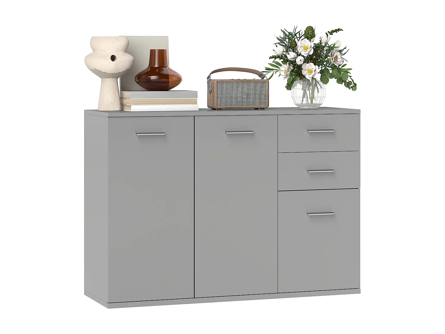 Credenza moderna con 3 armadietti e 2 cassetti in legno grigio chiaro