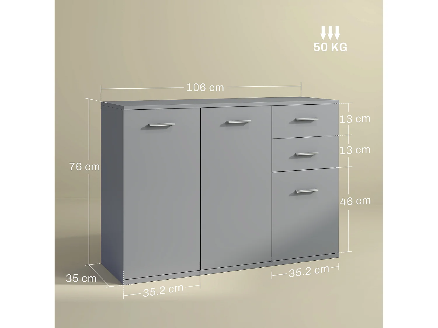 Credenza moderna con 3 armadietti e 2 cassetti in legno grigio chiaro