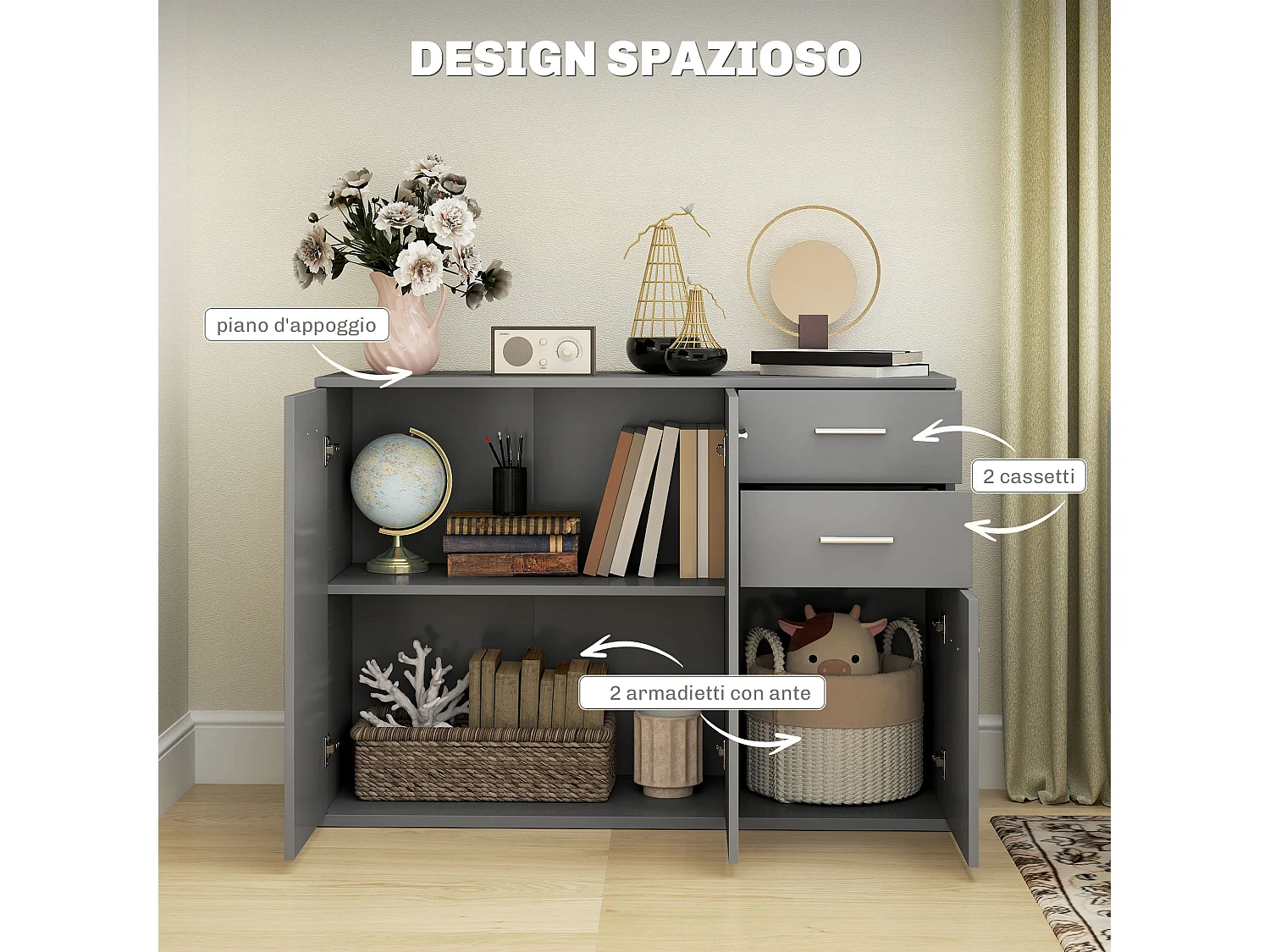 Credenza moderna con 3 armadietti e 2 cassetti in legno grigio chiaro