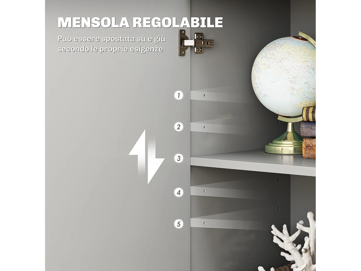 Credenza moderna con 3 armadietti e 2 cassetti in legno grigio chiaro