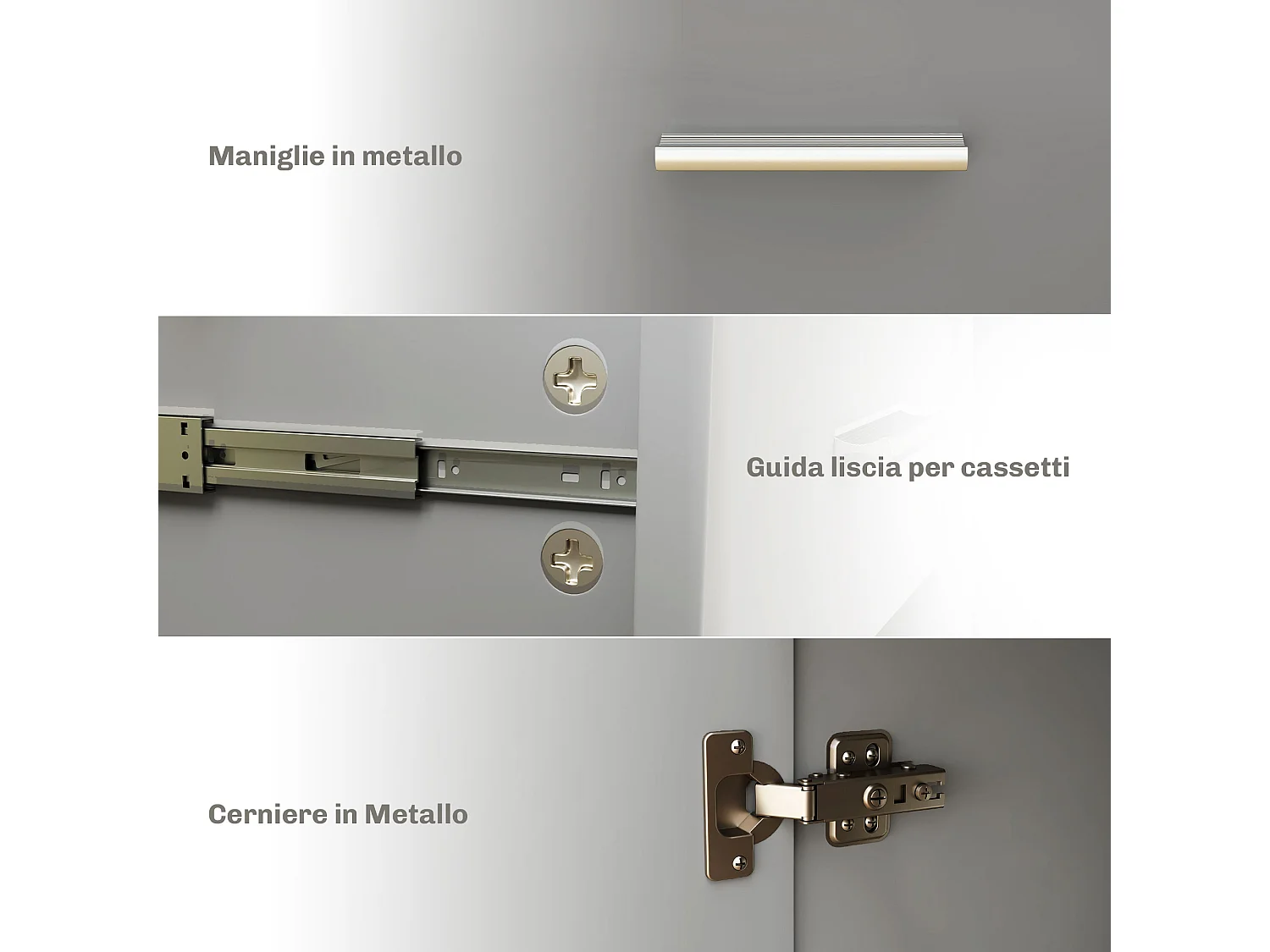 Credenza moderna con 3 armadietti e 2 cassetti in legno grigio chiaro