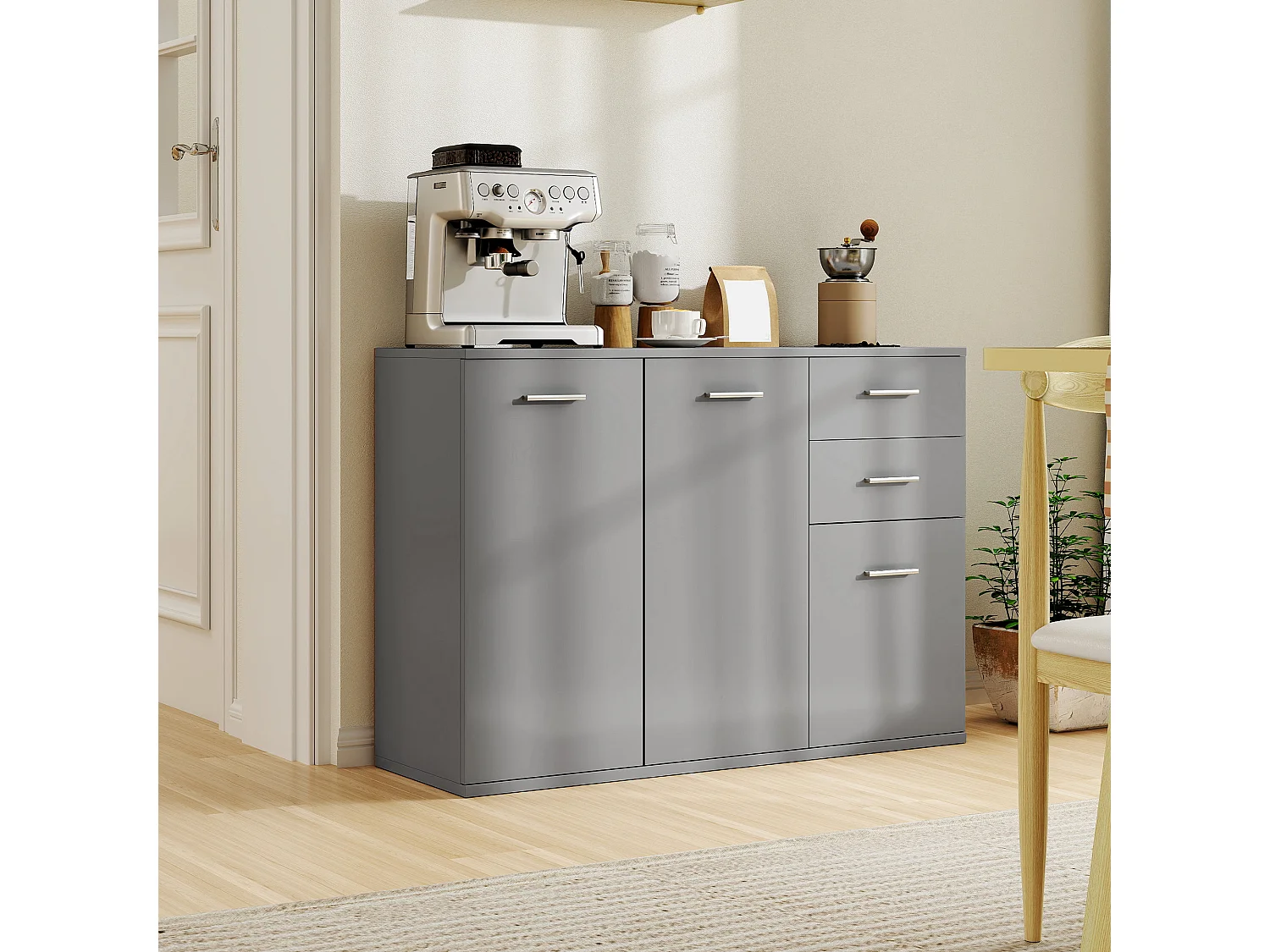 Credenza moderna con 3 armadietti e 2 cassetti in legno grigio chiaro