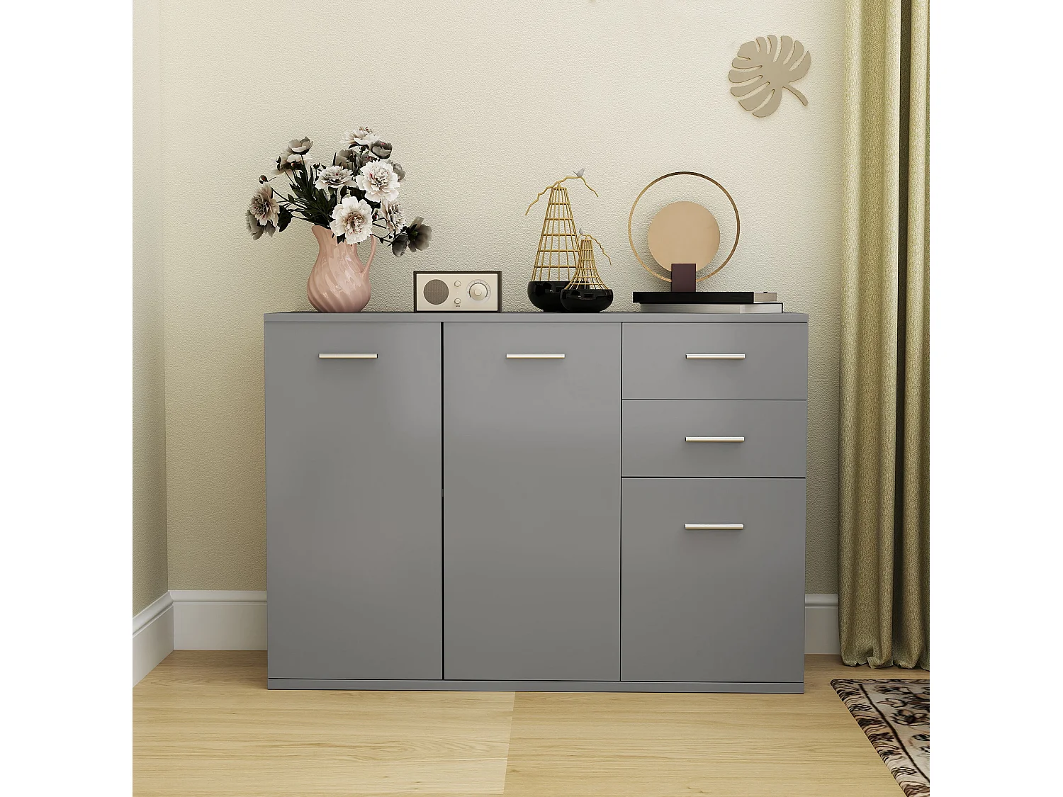 Credenza moderna con 3 armadietti e 2 cassetti in legno grigio chiaro
