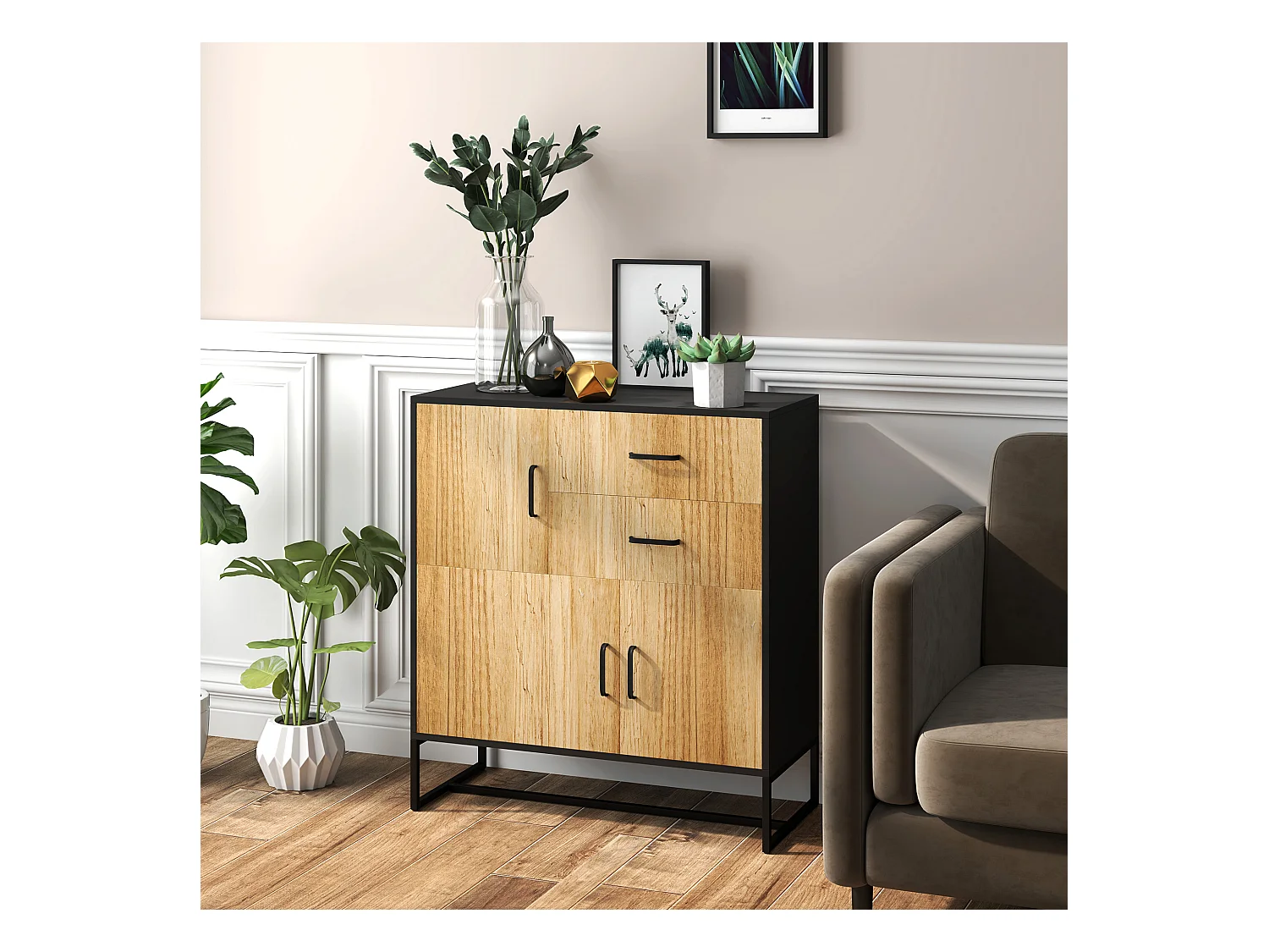 Credenza moderna con 3 armadietti e 2 cassetti in legno e acciaio