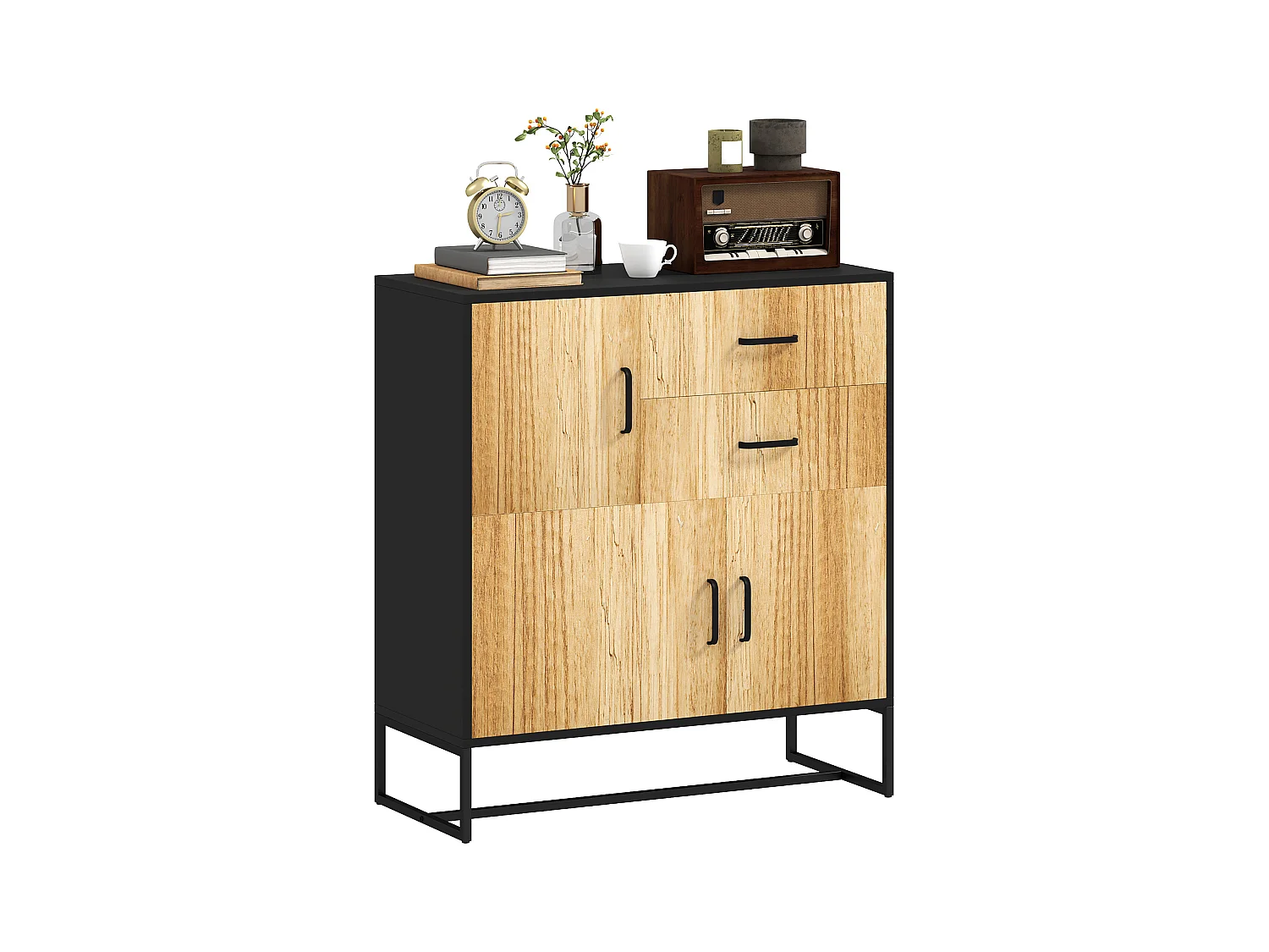 Credenza moderna con 3 armadietti e 2 cassetti in legno e acciaio