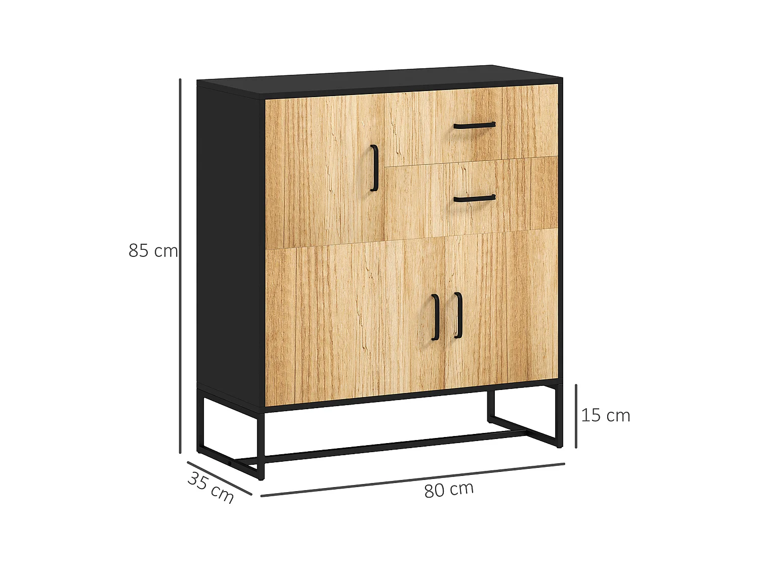 Credenza moderna con 3 armadietti e 2 cassetti in legno e acciaio