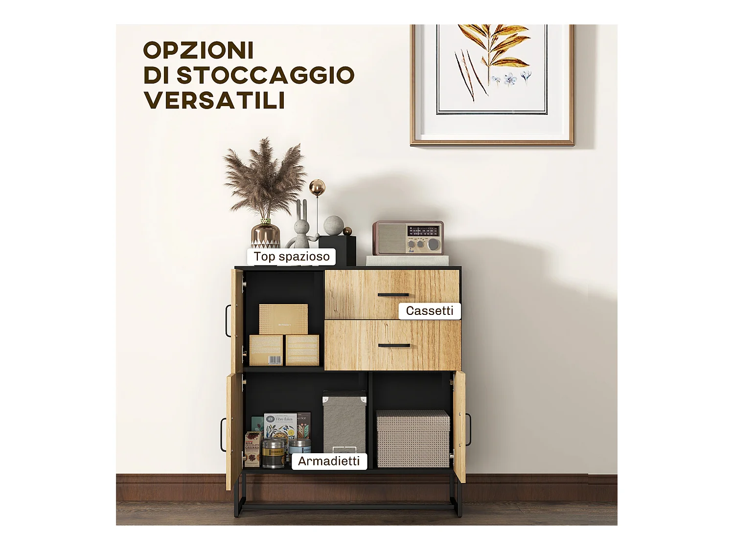 Credenza moderna con 3 armadietti e 2 cassetti in legno e acciaio