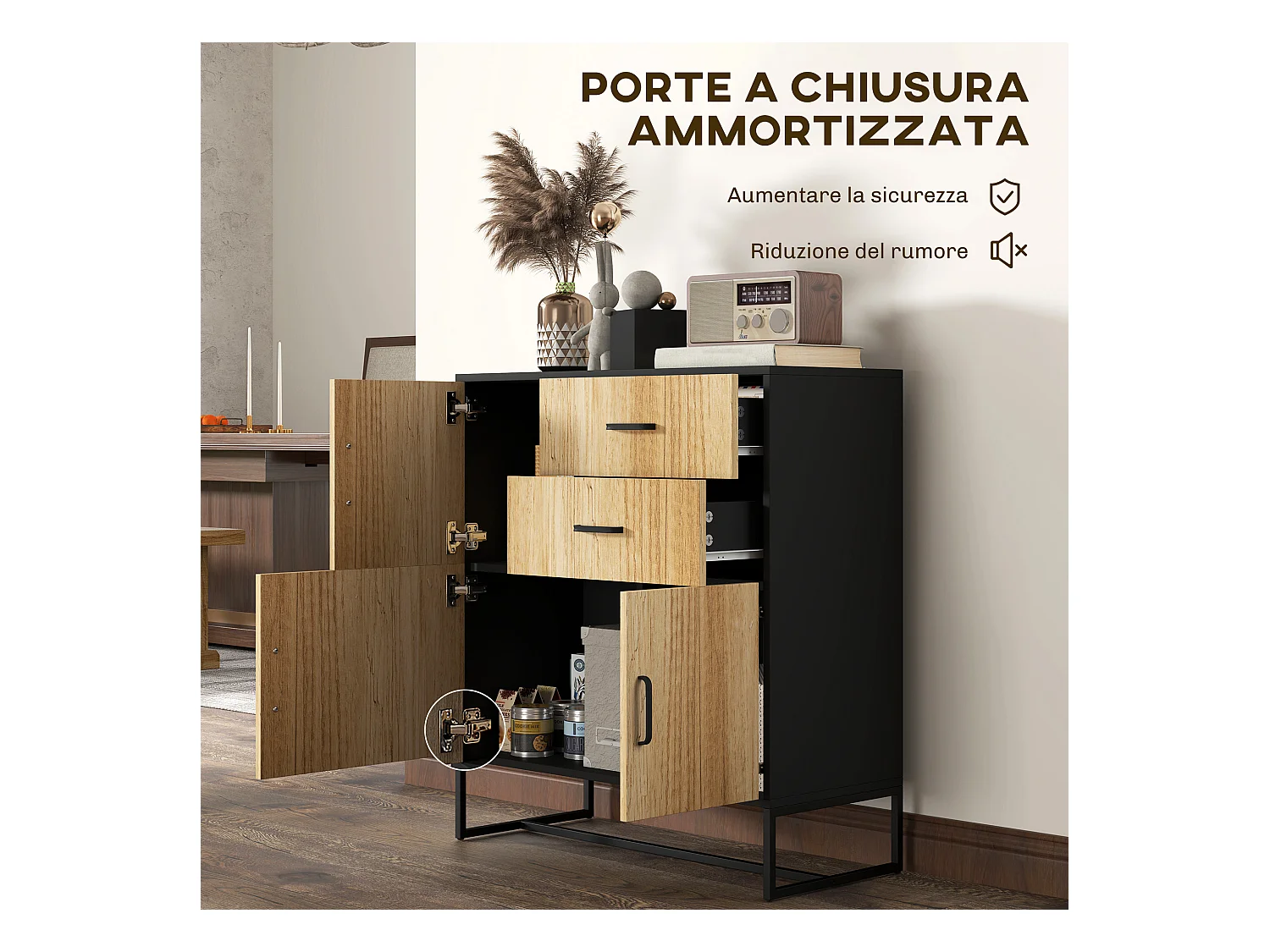 Credenza moderna con 3 armadietti e 2 cassetti in legno e acciaio