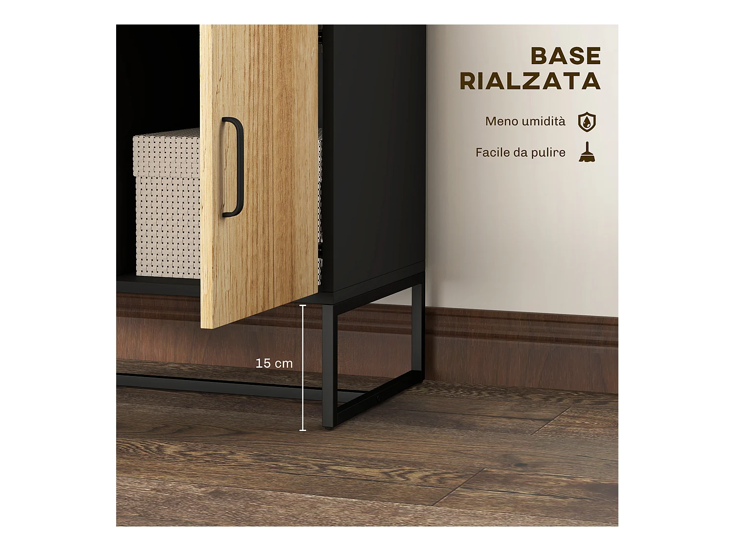 Credenza moderna con 3 armadietti e 2 cassetti in legno e acciaio