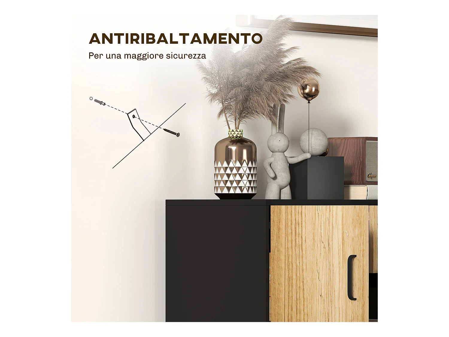 Credenza moderna con 3 armadietti e 2 cassetti in legno e acciaio