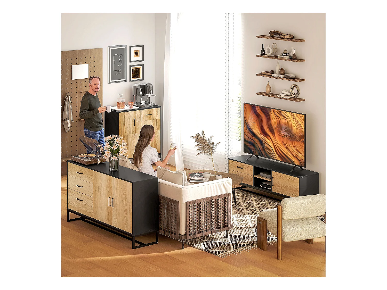 Credenza moderna con 3 armadietti e 2 cassetti in legno e acciaio