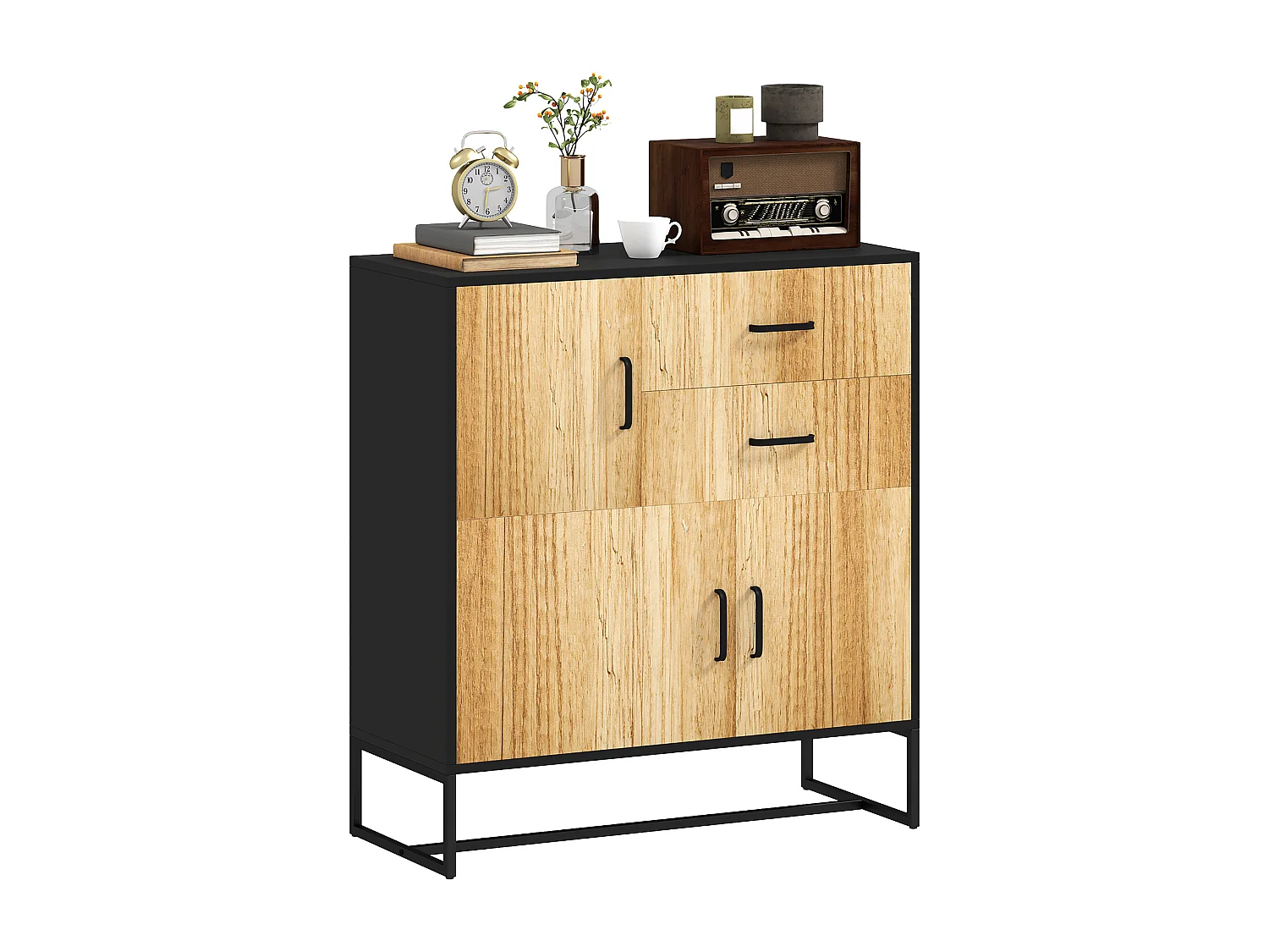 Credenza moderna con 3 armadietti e 2 cassetti in legno e acciaio
