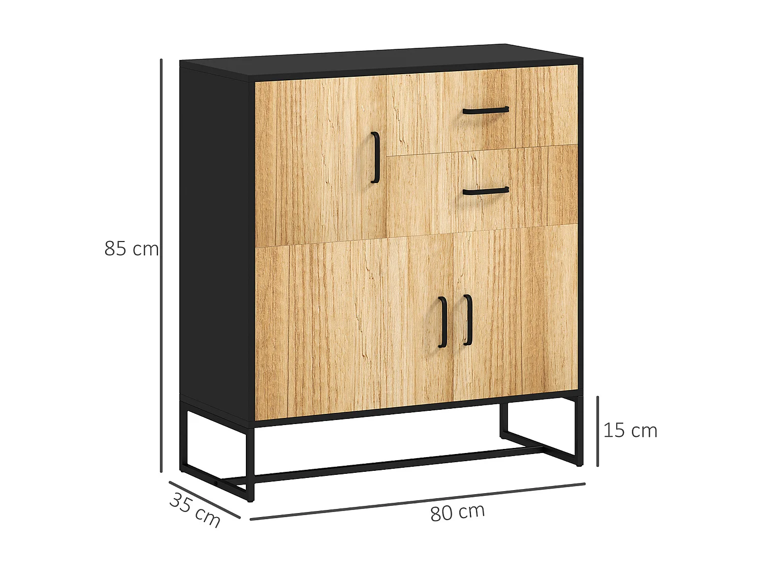Credenza moderna con 3 armadietti e 2 cassetti in legno e acciaio