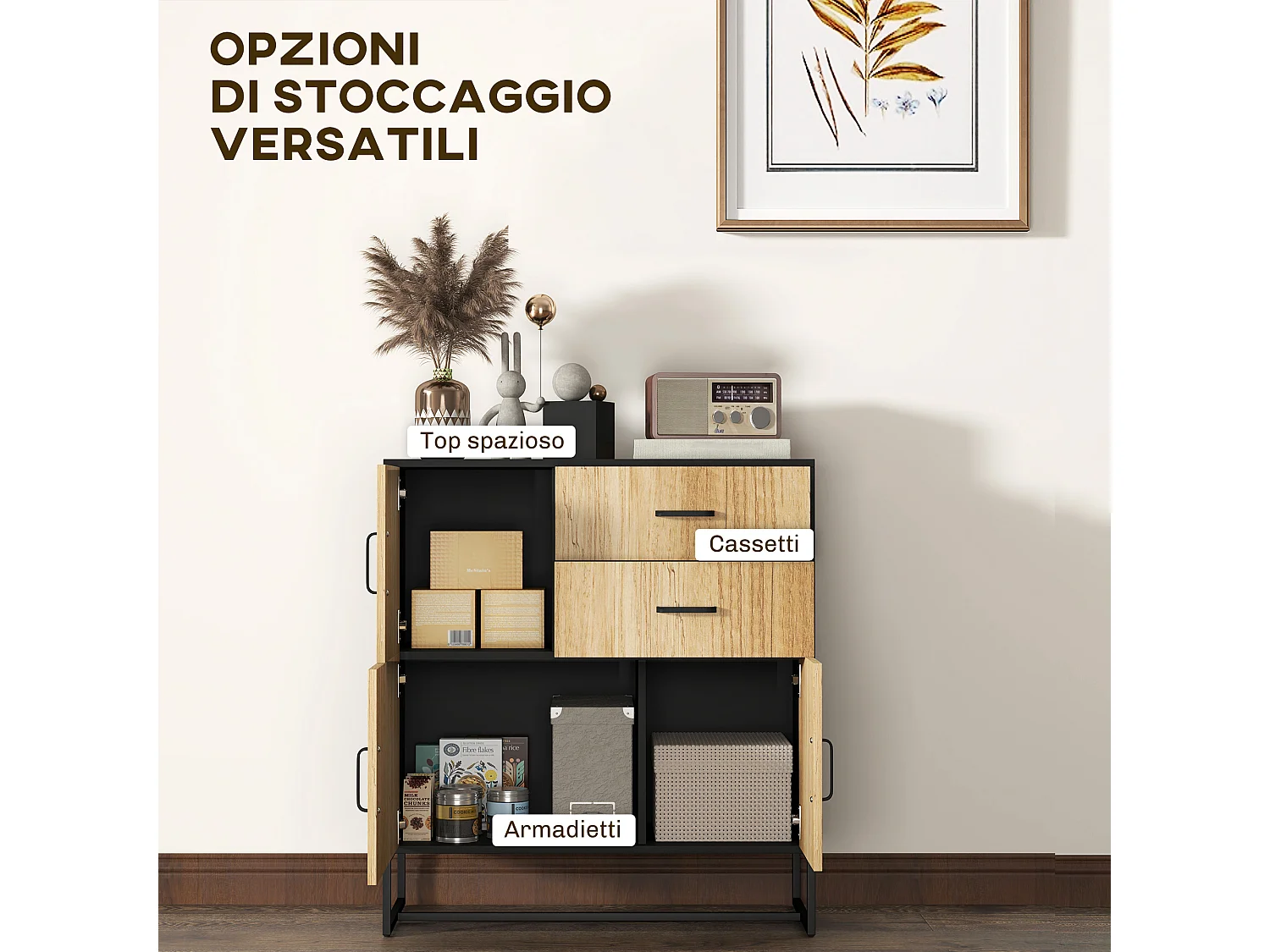 Credenza moderna con 3 armadietti e 2 cassetti in legno e acciaio