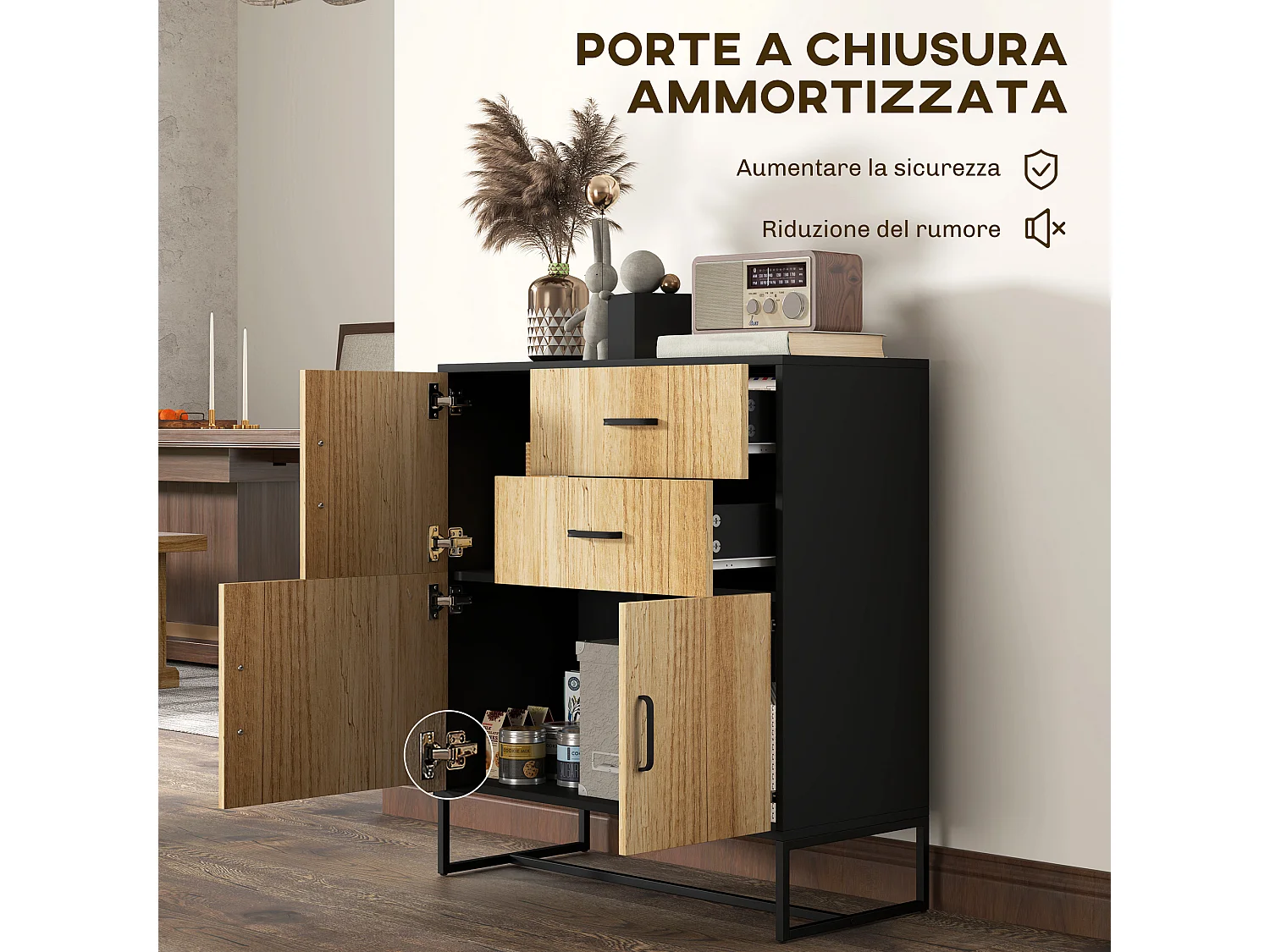 Credenza moderna con 3 armadietti e 2 cassetti in legno e acciaio
