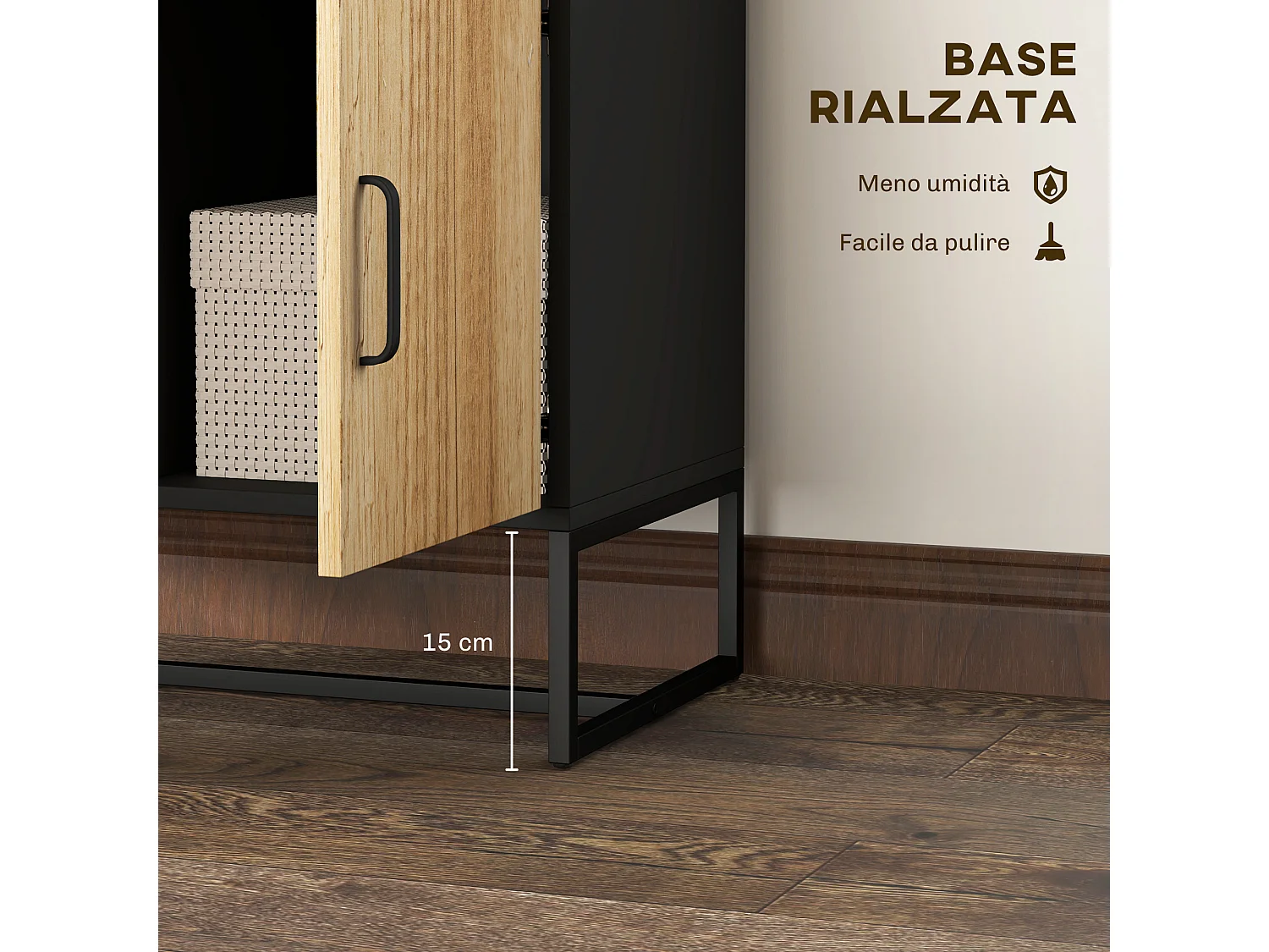 Credenza moderna con 3 armadietti e 2 cassetti in legno e acciaio