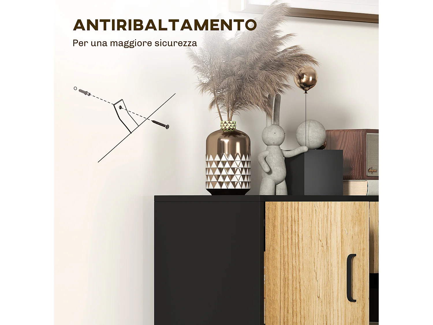 Credenza moderna con 3 armadietti e 2 cassetti in legno e acciaio