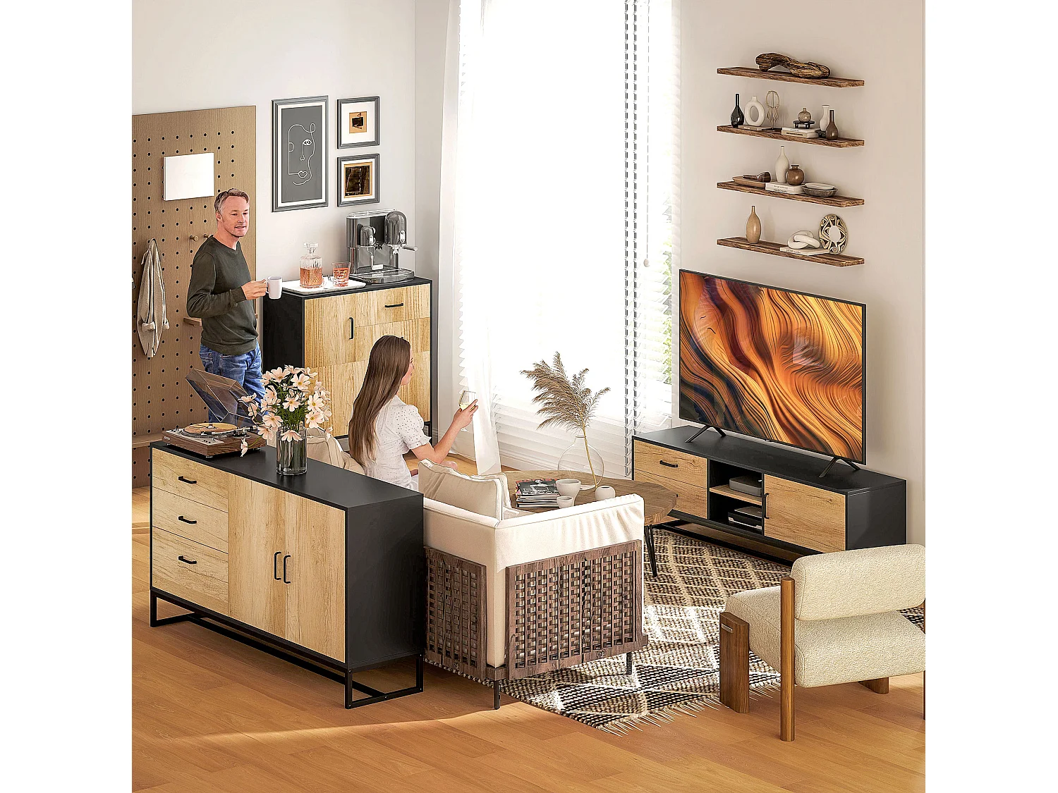 Credenza moderna con 3 armadietti e 2 cassetti in legno e acciaio