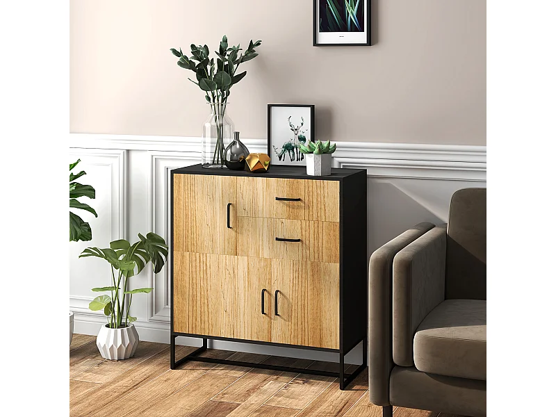 Credenza moderna con 3 armadietti e 2 cassetti in legno e acciaio