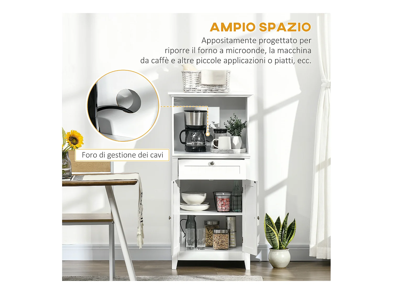 Mobile cucina per microonde con cassetto e armadietto bianco