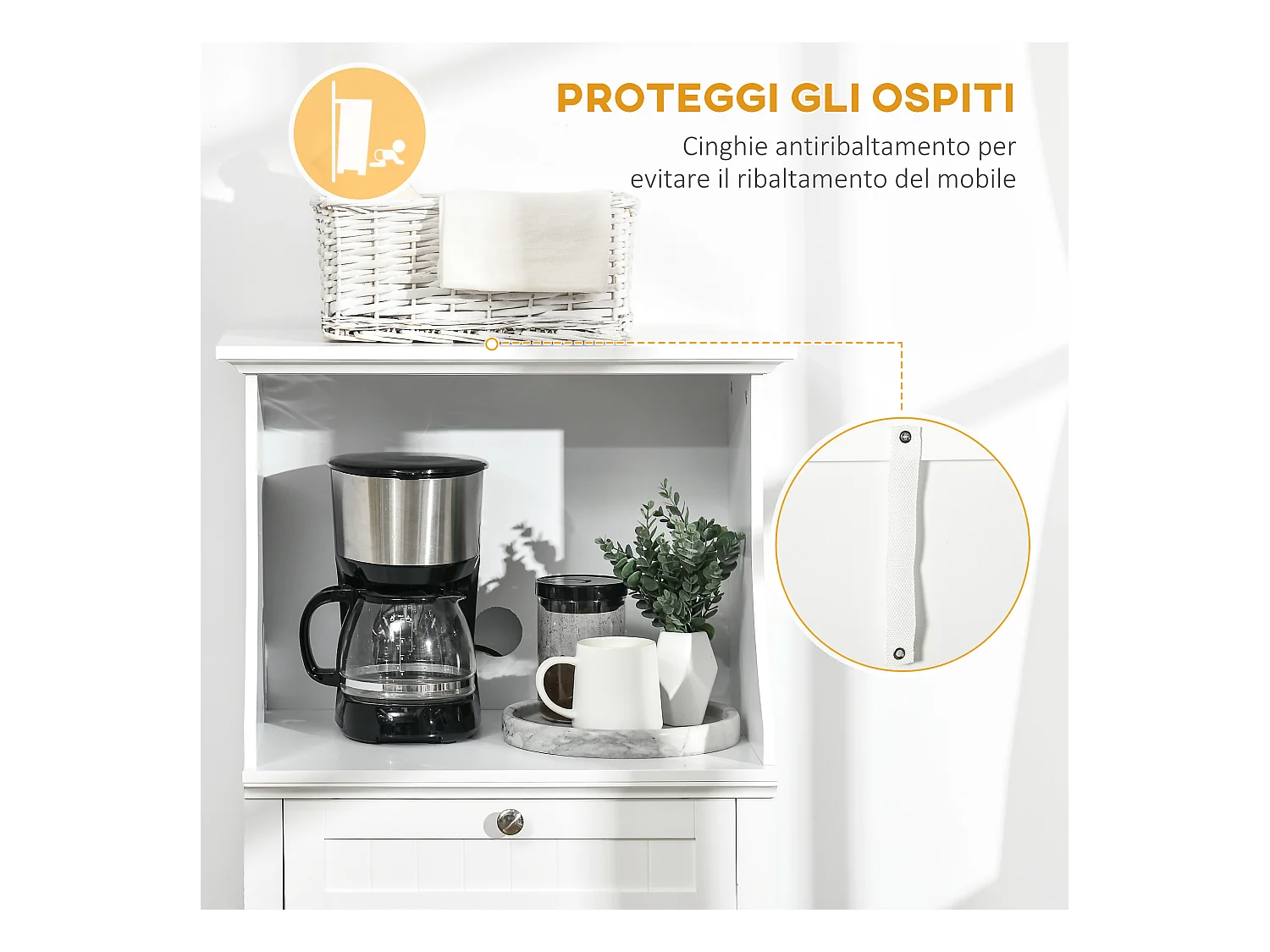 Mobile cucina per microonde con cassetto e armadietto bianco