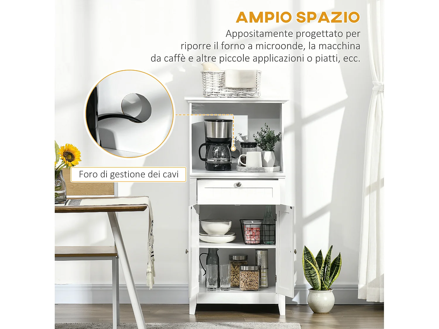 Mobile cucina per microonde con cassetto e armadietto bianco